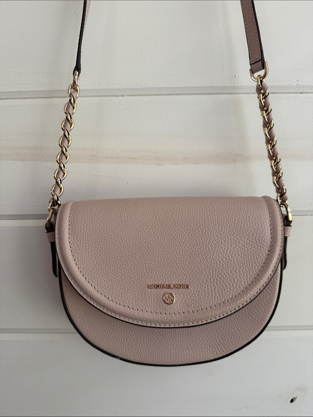 Michael Kors Pink Pebbled Leather Saddle Crossbody with Gold Chain